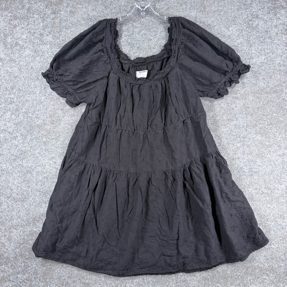 Old Navy Womens XL Black Eyelet Embroidered Puff Sleeve Tiered Mini Dress